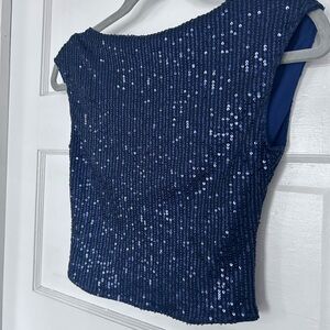 Women’s Navy Sequin Low Back Boat Neck Cap Sleeve Top